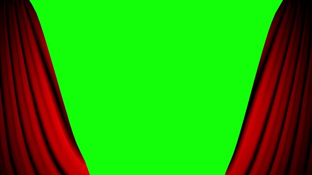 Red velvet curtains opening and closing with animated hearts and lips on green screen background with chroma key