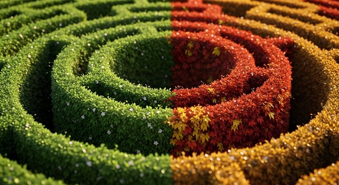 AI generated conceptual seasonal garden maze with autumn and summer foliage transitions in a circular hedge labyrinth