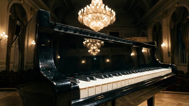 Black grand piano in luxury concert hall with sparkling chandelier reflecting on glossy surface
