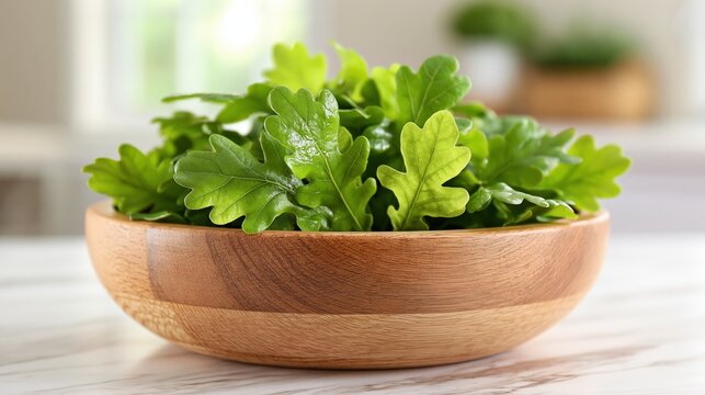Fresh green leaves fill a wooden bowl on a patterned surface.