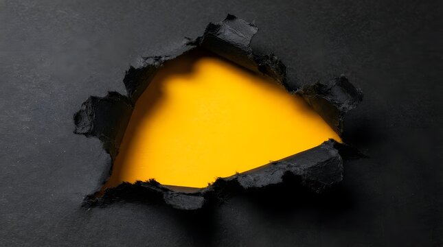 Black paper torn to reveal a bright yellow background, ripped hole in dark paper, creative concept for copy space
