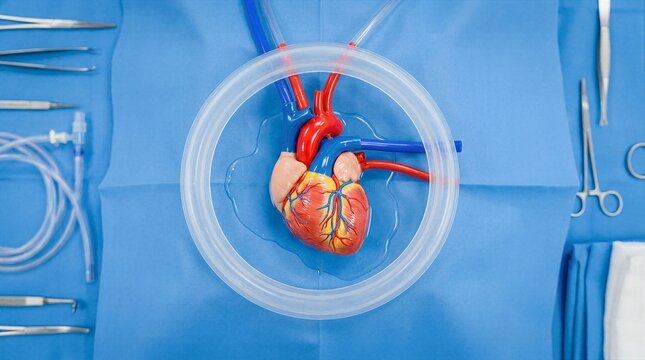 Cardiovascular heart model with perfusion tubing placed in surgical field setting