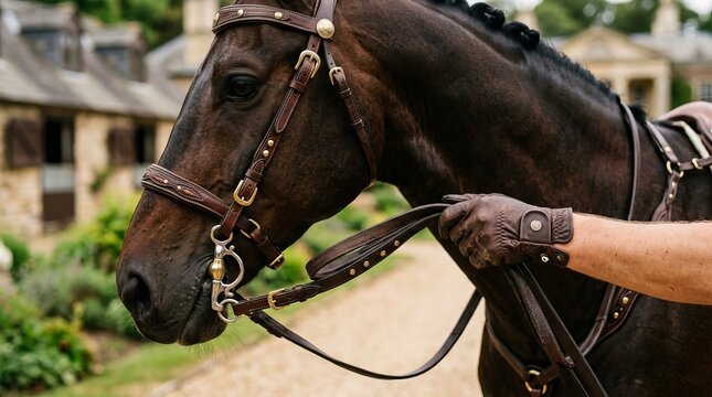 Dark brown horse wearing leather bridle outdoors with gloved hand holding reins