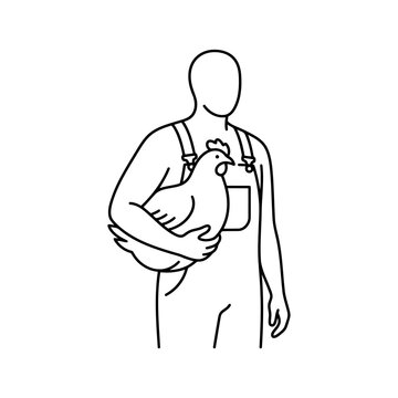 Line art illustration of a farmer holding a chicken in his arms