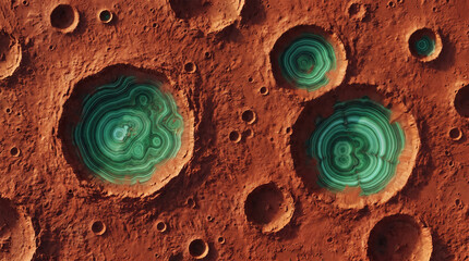 Fototapeta premium Surreal aerial view of red alien terrain showing craters with green agate rock formations