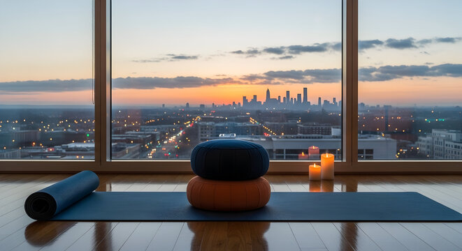 Yoga Space with Cushions and Mat Overlooking Cityscape at Sunrise with Candles on Wooden Floor