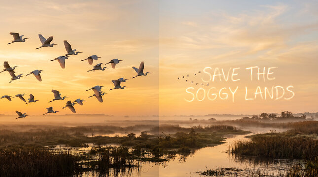 A flock of white egrets flying over a misty marshland at sunrise with text in sky with egrets flies conservation preservation environment atmospheric protection wilderness