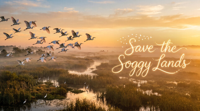 A flock of white egrets flying over a misty marshland during a golden sunrise with egrets fly formation sunrise text overlay marshland landscape environmentally conservation
