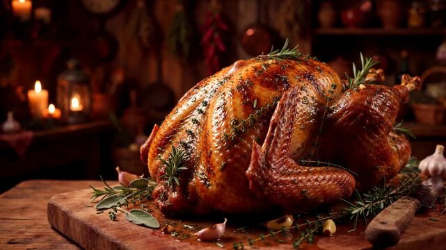Roasted Turkey on Carving Board in Candlelight with Copy Space