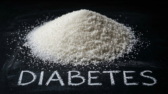 Pile of Sugar on Dark Background with Word Diabetes Written in Chalk