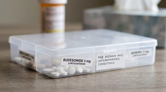 Pill organizer with asthma medication promoting health and wellness management Clear plastic case with labels for Budesonide