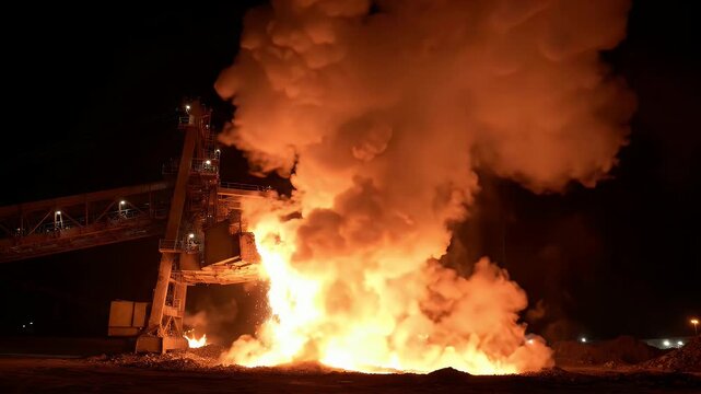 Molten slag pouring steam from industrial furnace at night