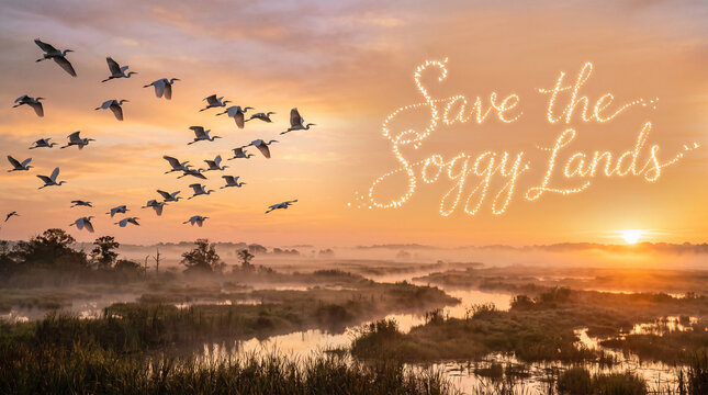 Flock of white egrets flying over a misty marshland at sunrise with glowing text overlay with wetland landscape during vibrant orange sunrise across foggy wetland birds flies