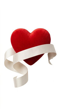 Plush Red Heart with Flowing White Ribbon Isolated on White Background Love Symbolism