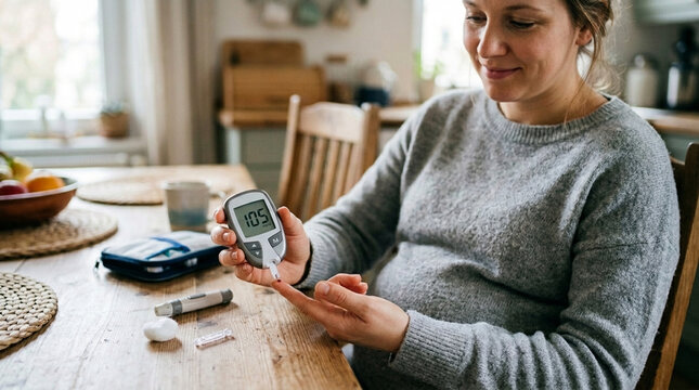Pregnant Woman Checking Blood Glucose Level with Glucometer
