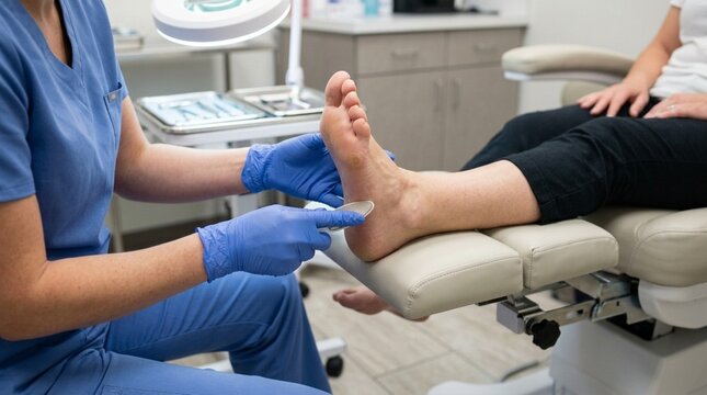 Podiatrist examining patients foot with medical instrument close up shot healthy feet concept
