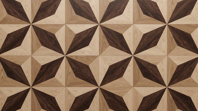 Geometric wooden parquet floor pattern with dark and light wood inlay