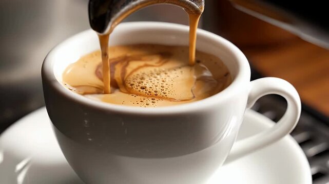 Espresso pouring into a white ceramic cup