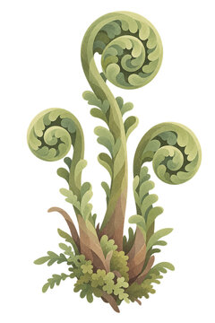 Three unfurling fern fiddleheads with spiral fronds, textured botanical illustration isolated on transparent background