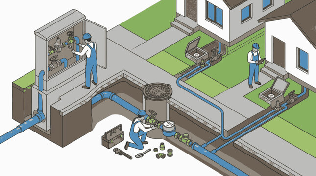 Isometric vector illustration of workers maintaining a municipal water supply system, pipes, and meters in a neighborhood.