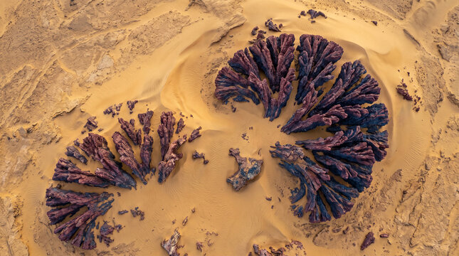 Aerial view of surreal fractal rock formations scattered across a dry sandy desert landscape