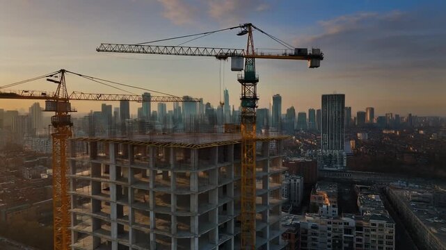 Framework of a skyscraper under construction with tower cranes