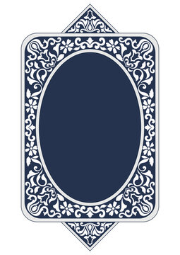 Segmented frame, vintage pattern, white vintage floral lines, blue background.
