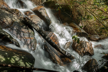 A flowing stream with water cascading over smooth rocks, surrounded by lush greenery. © k33pcalmncapture