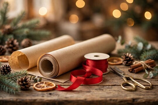 Gift wrapping station with kraft paper roll red ribbon and scissors on wooden table