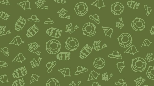 Seamless looping animation of hand drawn doodle camping tent, sun hat, life buoy, travel bag and music player on olive green background. Summer holiday pattern for travel and outdoor videos.