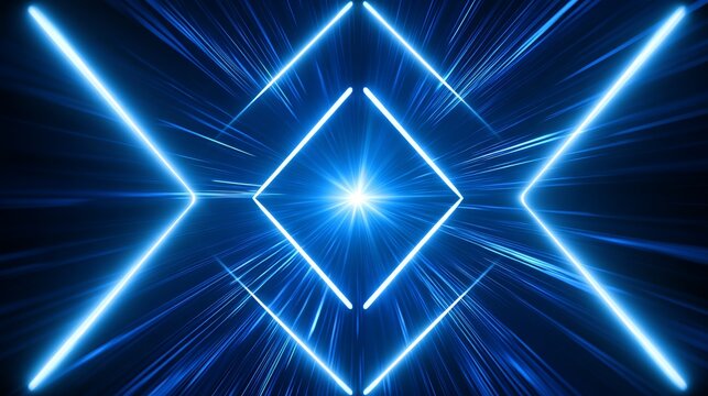 Abstract futuristic background with glowing blue neon diamond shapes forming a symmetrical light tunnel, radiant central star and geometric lines creating depth, motion, digital energy and technology