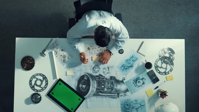 Top down view of skilled engineer writing and planning turbine engine design while sitting at meeting table with gear and electronic generator scatter around. Technician taking a note. Alimentation.