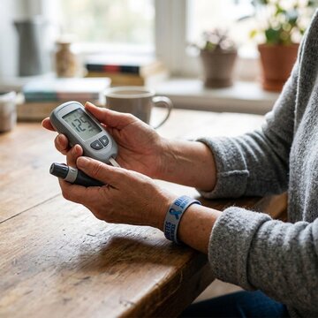 Person monitoring blood glucose levels with a glucometer at home demonstrating diabetes management and self care