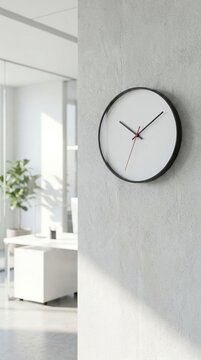 Modern minimalist wall clock on a gray wall in a bright office setting.