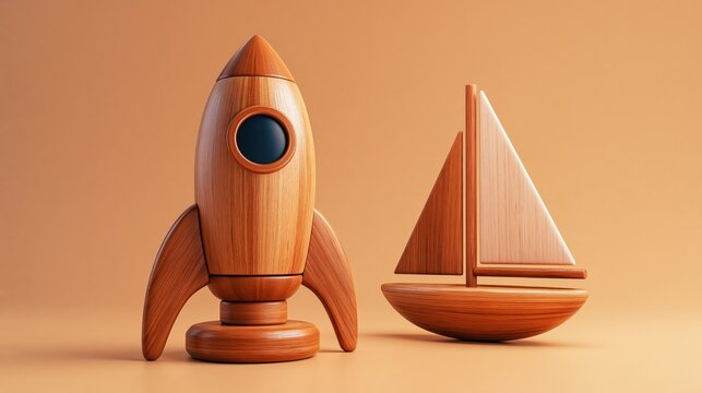 Wooden toy rocket and sailboat displayed together against a soft backdrop.