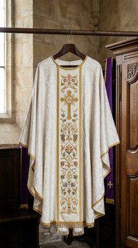 Ornate White Chasuble with Cross Embroidery Hanging in Church Sacred Vestment for Clergy