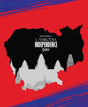 Cambodia Independence Day Poster Featuring National Map Silhouette Against Bold Patriotic Background