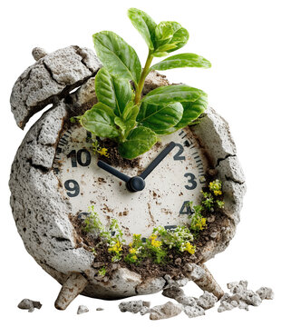 Sprout emerges from shattered alarm clock, symbolizing new beginnings and passage of time. clock is broken, with soil and small plants growing around it, representing growth and renewal., isolated