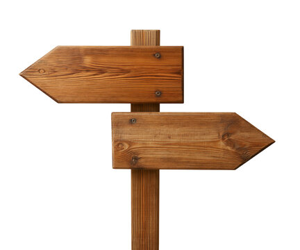 Wooden signpost with two directional arrows isolated on transparent background