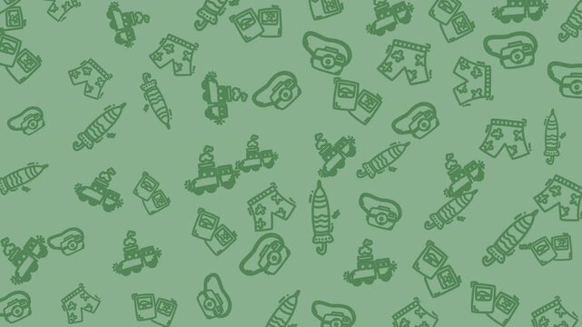 Seamless looping animation of hand drawn swim shorts, instant camera, vintage car, beach umbrella and travel book on sage green background. Summer vacation pattern for holiday and travel videos.