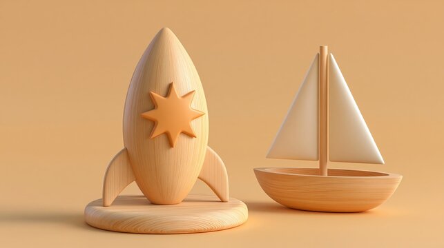 Wooden toy rocket and sailboat displayed together on a neutral background.