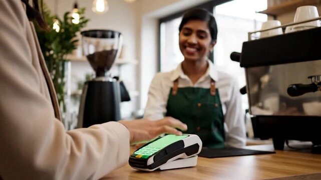 Close-up of a customer paying for coffee using smartphone contactless NFC tap-to-pay on a POS terminal at a cafe counter, featuring a green screen smartphone display and a smiling barista in the backg