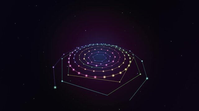 Colorful geometric constellation spiral on dark starry background