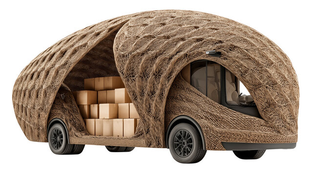 Delivery van with cargo area shaped like giant stylized beehive, featuring woven texture and filled with cardboard boxes, showcases unique and creative design., isolated