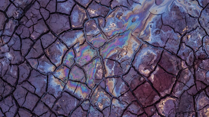 Fototapeta premium Toxic rainbow oil slick coating the surface of deeply cracked purple desert mud