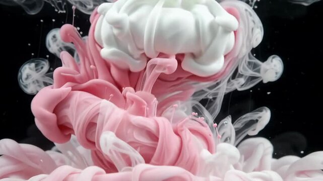Pink and white ink swirling in water on black background