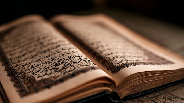 An open book with Arabic calligraphy on aged parchment  resting on a wooden surface with soft lighting