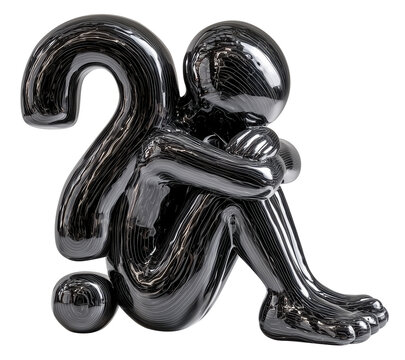 Stylized figure shaped like question mark made of polished black obsidian, representing existential doubt and introspection. reflective surface adds modern, abstract feel., isolated