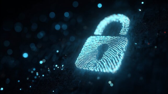 fading toward a lock symbol on a digital background with a glowing fingerprint, a technology concept for security and data protection in cyberspace. a security padlock icon with a hologram effect