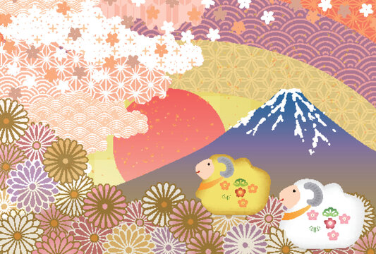 富士山と菊の花が描かれた伝統的で華やかな和風デザイン